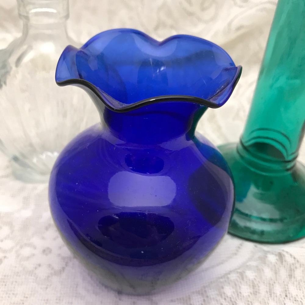 Vintage Curated Glass Vase Set: Cobalt, Teal, and Clear - Wedding Centerpiece #6 - Picture 2 of 9